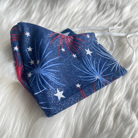 Glitter Fireworks Patriotic Stars Reversible Mask with Adjustable Straps, USA - Picture 4 of 6